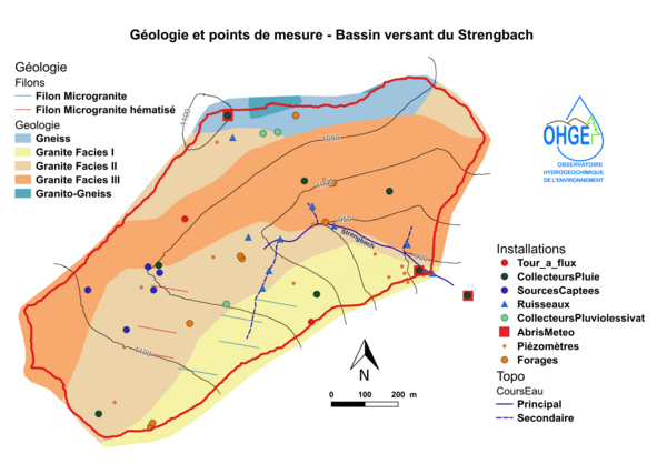Carte géologique du bassin versant avec le positionnement des points de mesures et de prélèvements. Dans le coin droit se trouve une petite carte de la France avec le positionnemnet du bassin versant(Aubure). 