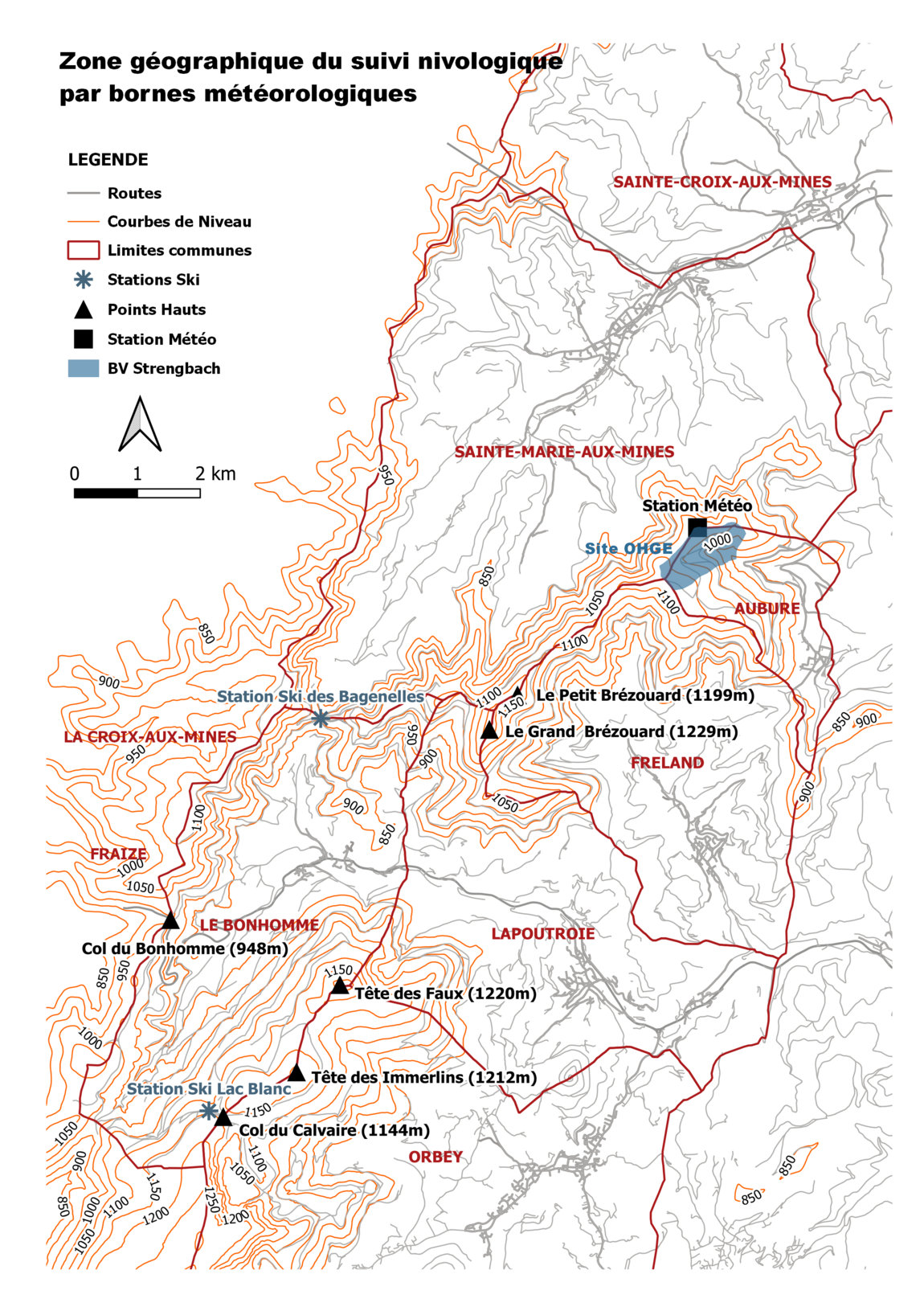 Carte de la zone d'investigation du projet de recherche la neige au Brézouard. Localisation de la zone d'investigation pour le projet de sciences participatives de mesure de la neige. La zone s'étend du massif du Brézouard au nord au Lac Blanc, au sud aux altitudes les plus élevées.