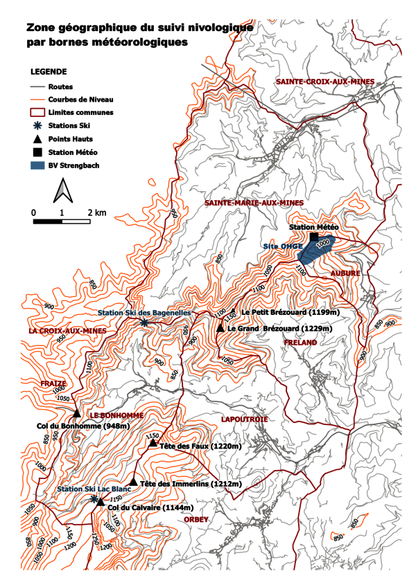 Carte de la zone d'investigation du projet de recherche la neige au Brézouard. Localisation de la zone d'investigation pour le projet de sciences participatives de mesure de la neige. La zone s'étend du massif du Brézouard au nord au Lac Blanc, au sud aux altitudes les plus élevées.